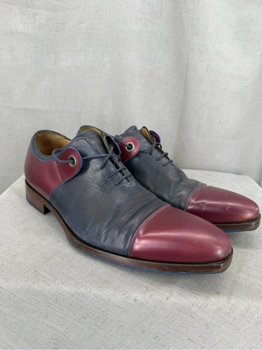 John Fluevog Spitfire capped toe oxford blue & burgundy shoe sz 12
